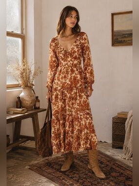 Boho V-Neck Maxi Dress in Rust Floral Print